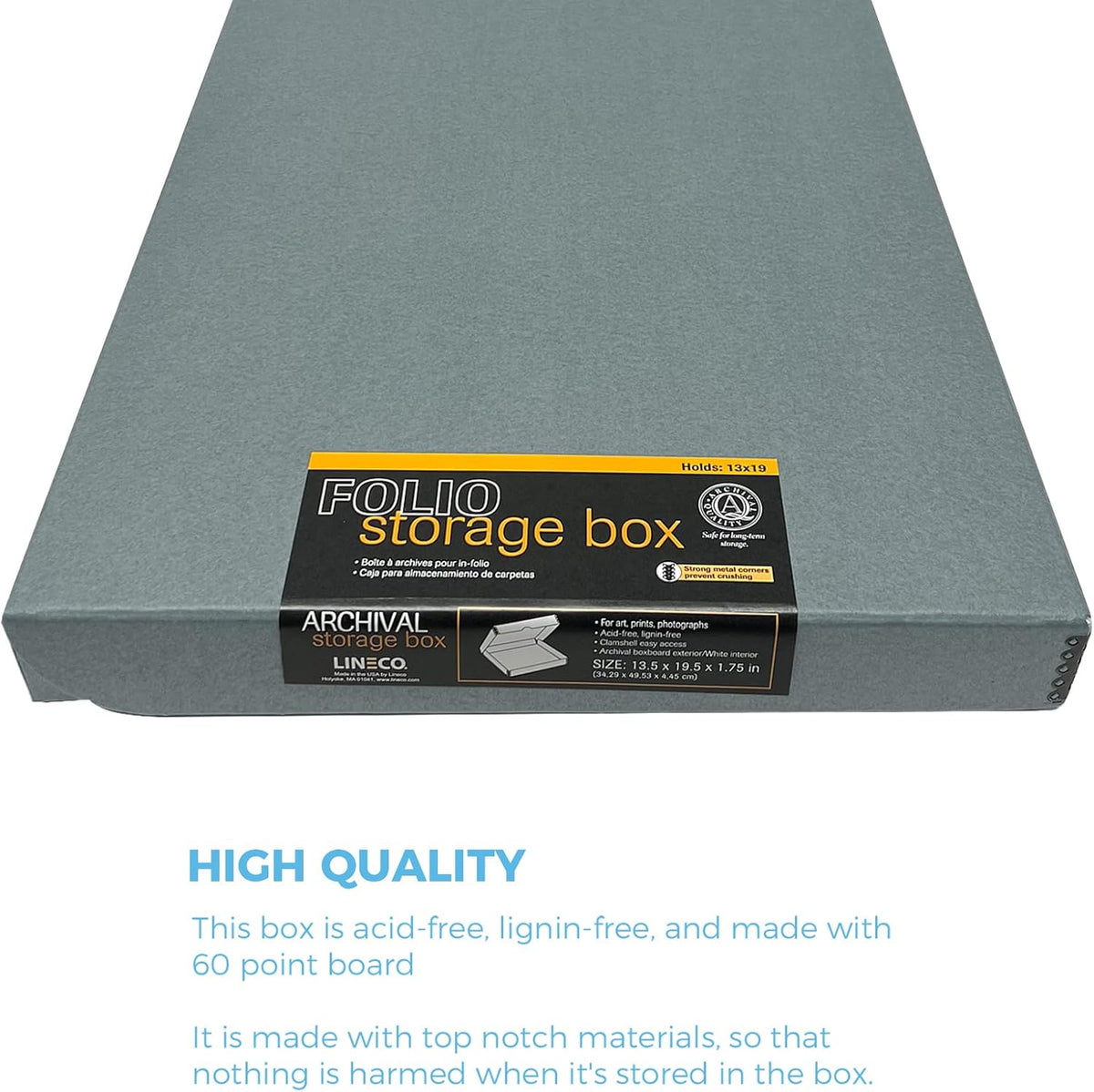 Lineco Folio Storage Box, Clamshell Design with Metal Edge. 13.5x19.5x1.75 Inches, Archival Boxboard, Preserve Photos, Cards, Magazines, Documents, Art, Ephemera, Family Records, Gray, Pack of 1