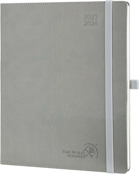 POPRUN Planner 2025-2026 (Large - 8.5'' x 10.5'') Academic Weekly Calendar (July 2025 - June 2026) with Hourly Time Slots, Monthly Tabs, 100GSM Thick Papers, Leather Soft Cover - Grey