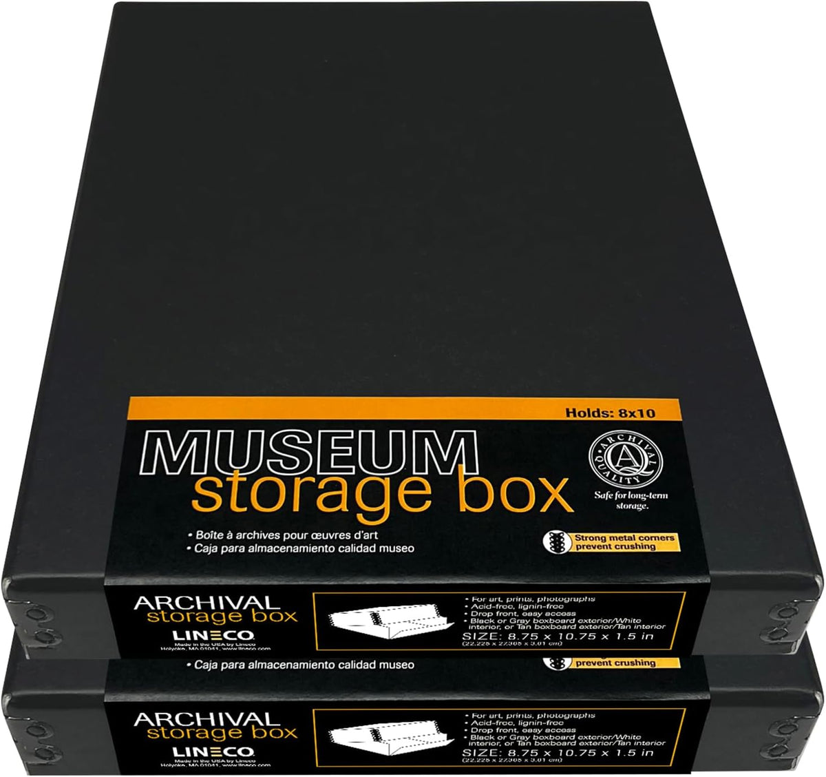 Lineco Museum Archival Storage Box, 8.75x10.75x1.5 in. Drop Front Design. Acid-Free with Metal Edge. Organize Photos, Pictures, Prints, Documents, Crafts, DIY. Black, 2 Pack