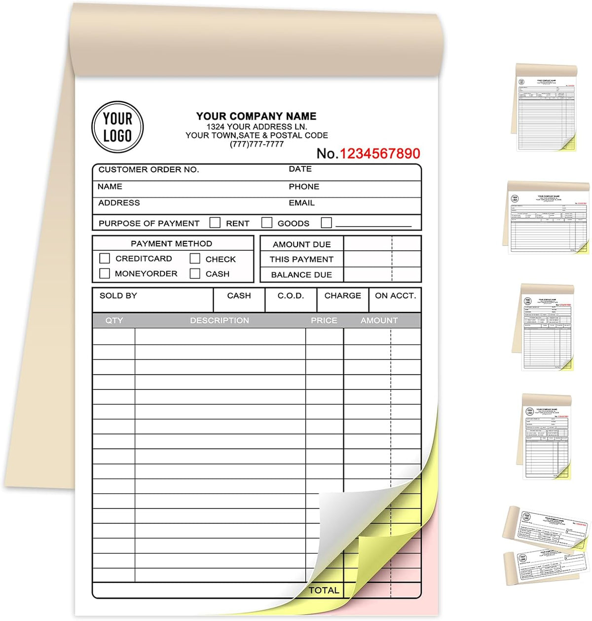 Custom Invoice Book for Small Business,5.5 x 8.5 Inches Invoice Receipt Book, 3-Part Carbonless Forms, Personalized Company Name, Address, Phone Number