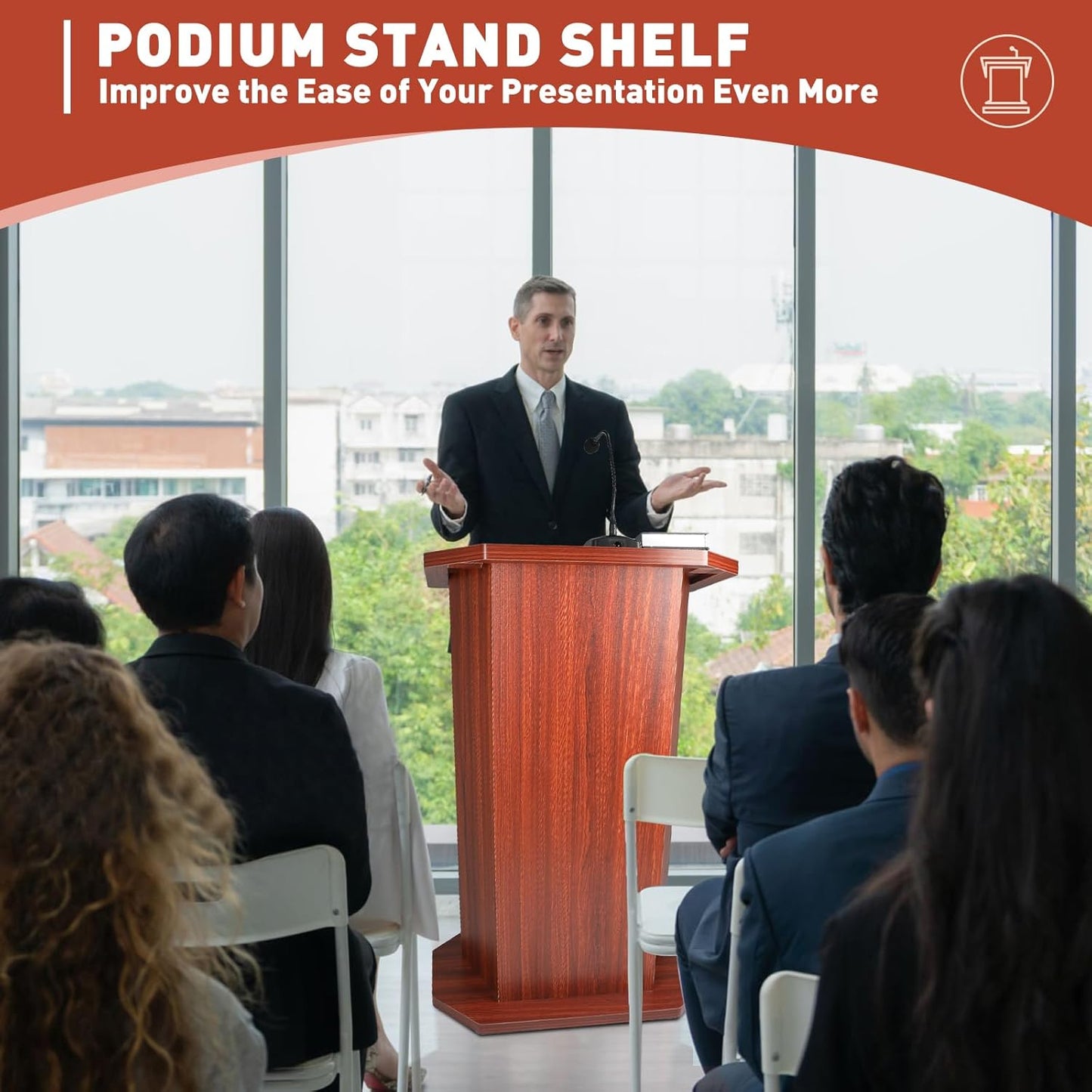 Wood Podium Stand withLarge 2-Tier Shelve, 49" Wooden Lectern with Reserved Wire Hole, Wooden Standing Pulpit with Reading Platfor for Church Office School Home Conference Restaurant Meeting