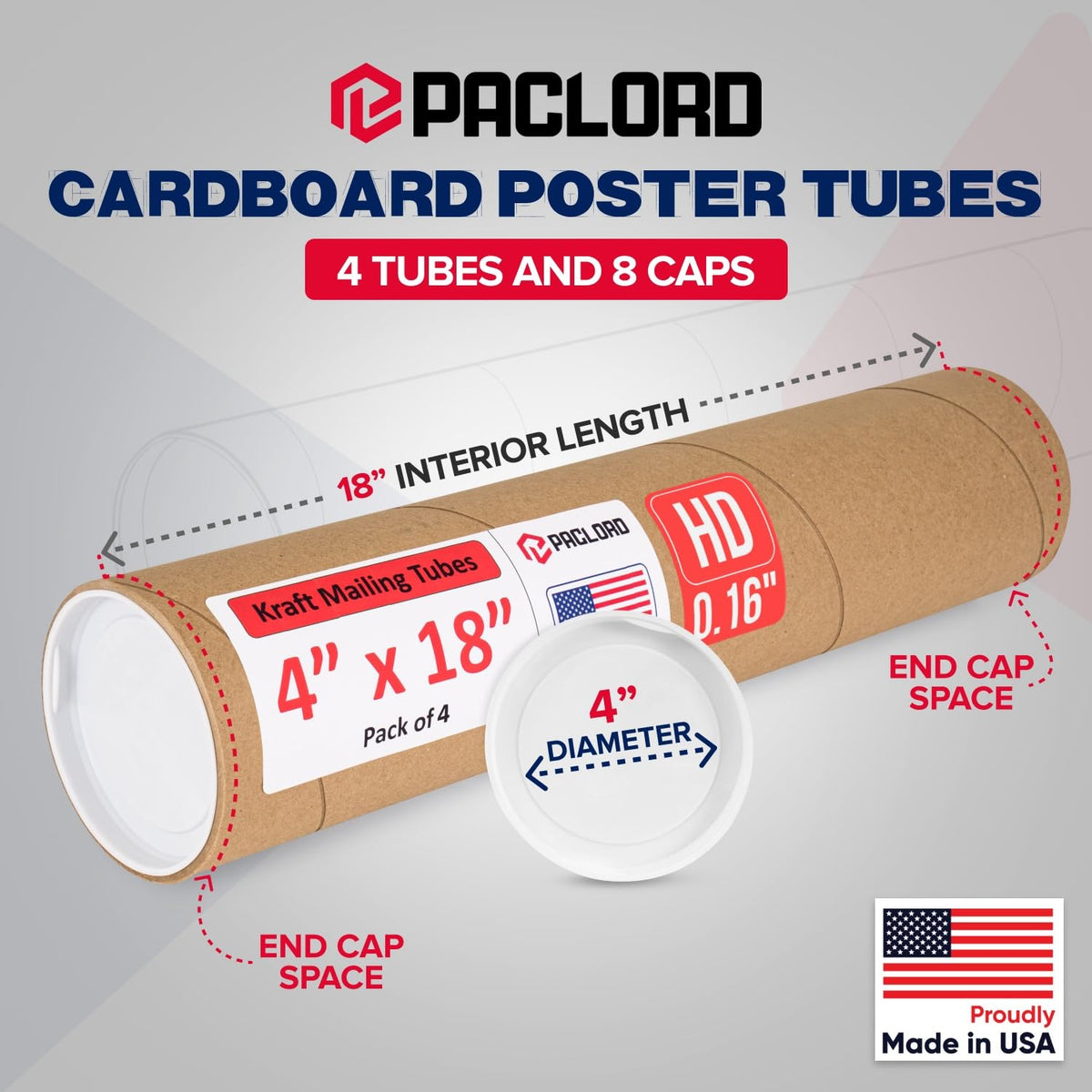 4" x 18" Heavy-Duty Reinforced Cardboard Mailing Tube, Pack of 4 Tubes with 8 Caps – Secure USPS Approved – Great for Shipping and Storing of Prints, Artwork, Posters or Documents