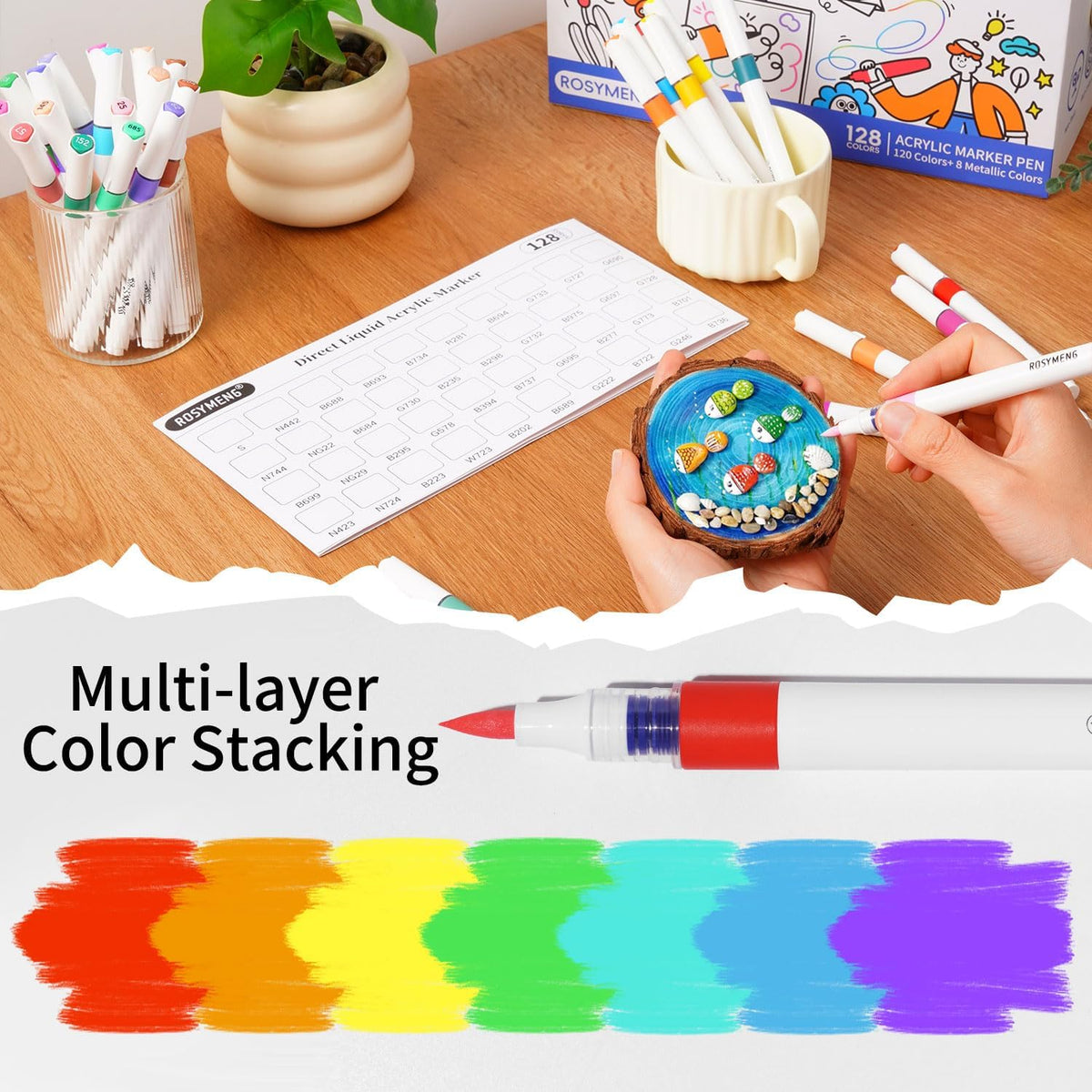 ROSYMENG Acrylic Paint Markers, 120 Colors + 8 Metal Colors - Large Ink Capacity, High Coverage with Brush Tip Acrylic Paint Pens, Suitable for Wood, Glass, Rock, and Fabric - Student School Supplies