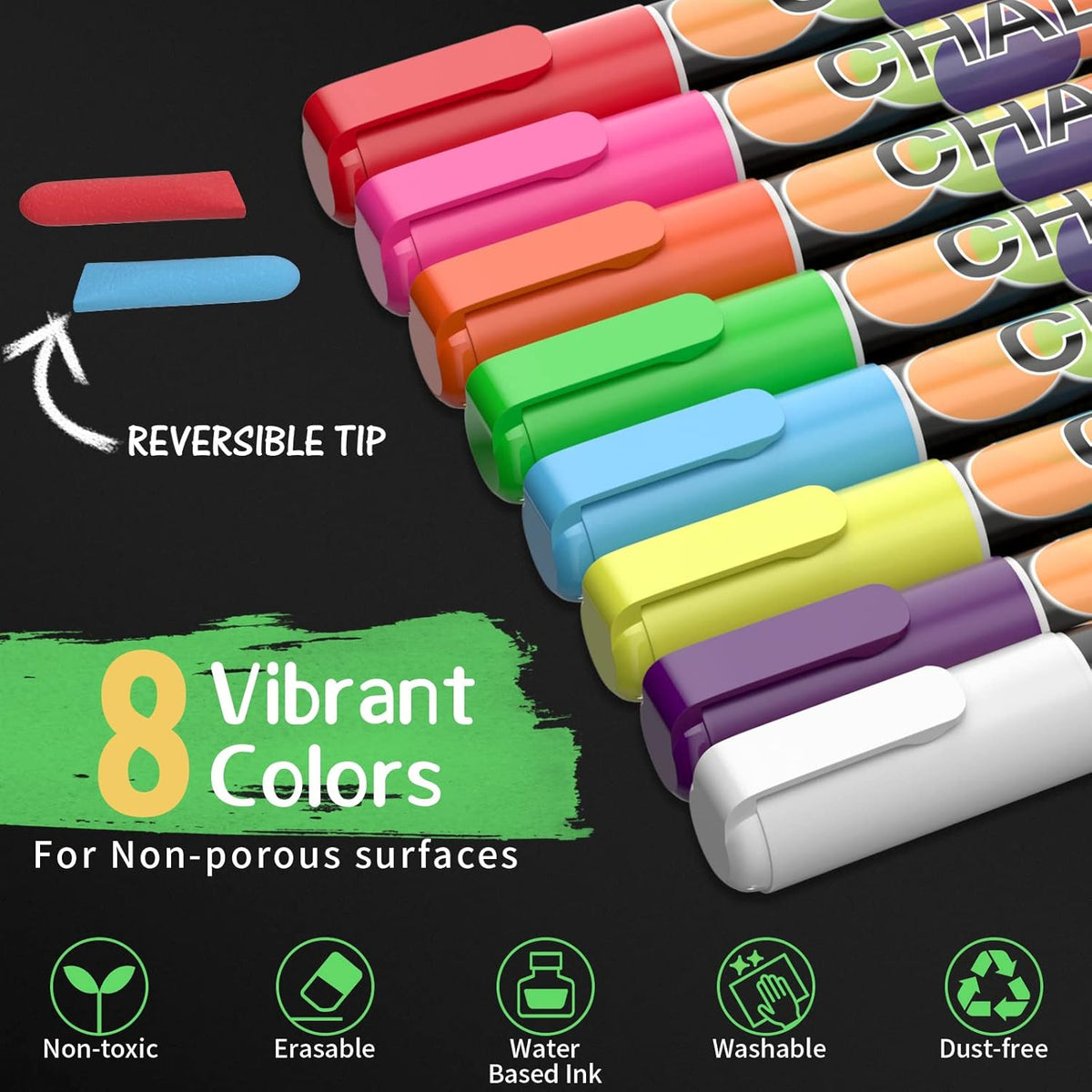 Liquid Chalk Markers Pens - 8 Colors Washable & Wet Erase Neon Chalk Makers for Blackboard, Chalkboard Signs, Glass Window, Graduation Celebration School Kids Art - Erasable Window Markers for Cars