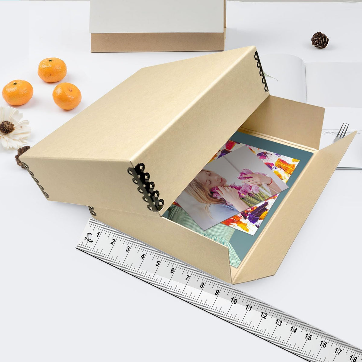 Lineco Museum Archival Storage Box, 9.75x12.75x3 in. Drop Front Design. Acid-Free with Metal Edge. Organize Photos, Pictures, Prints, Documents, Crafts, DIY. Tan, 1 Pack