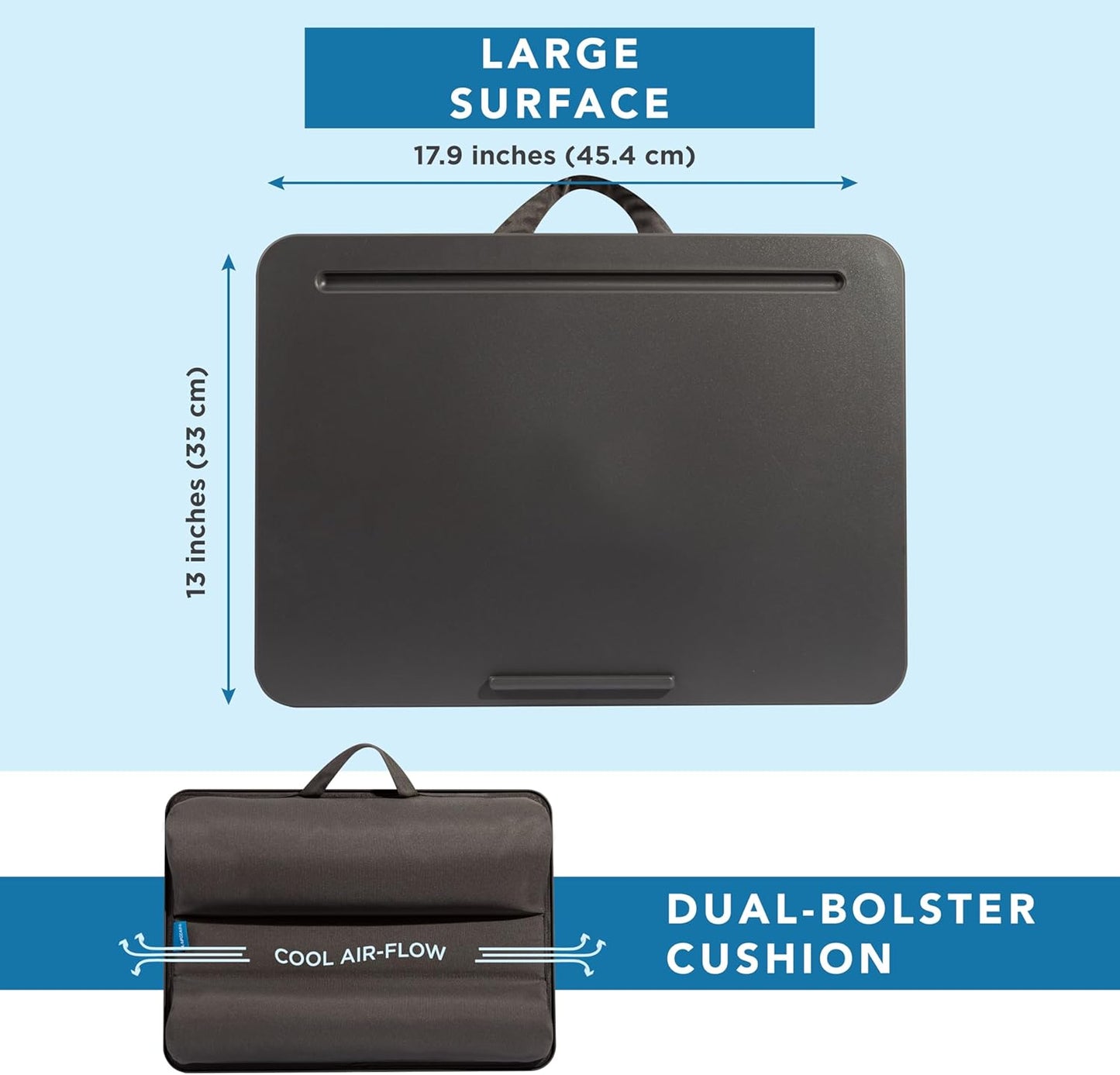 LAPGEAR Original Lap Desk – Large (17.9” x 13”) | Fits Up to 17.3” Laptops | Cushioned with Device Ledge, Pencil Tray & Handle | Portable & Lightweight | 12-Pack | Charcoal – Style No. 45005
