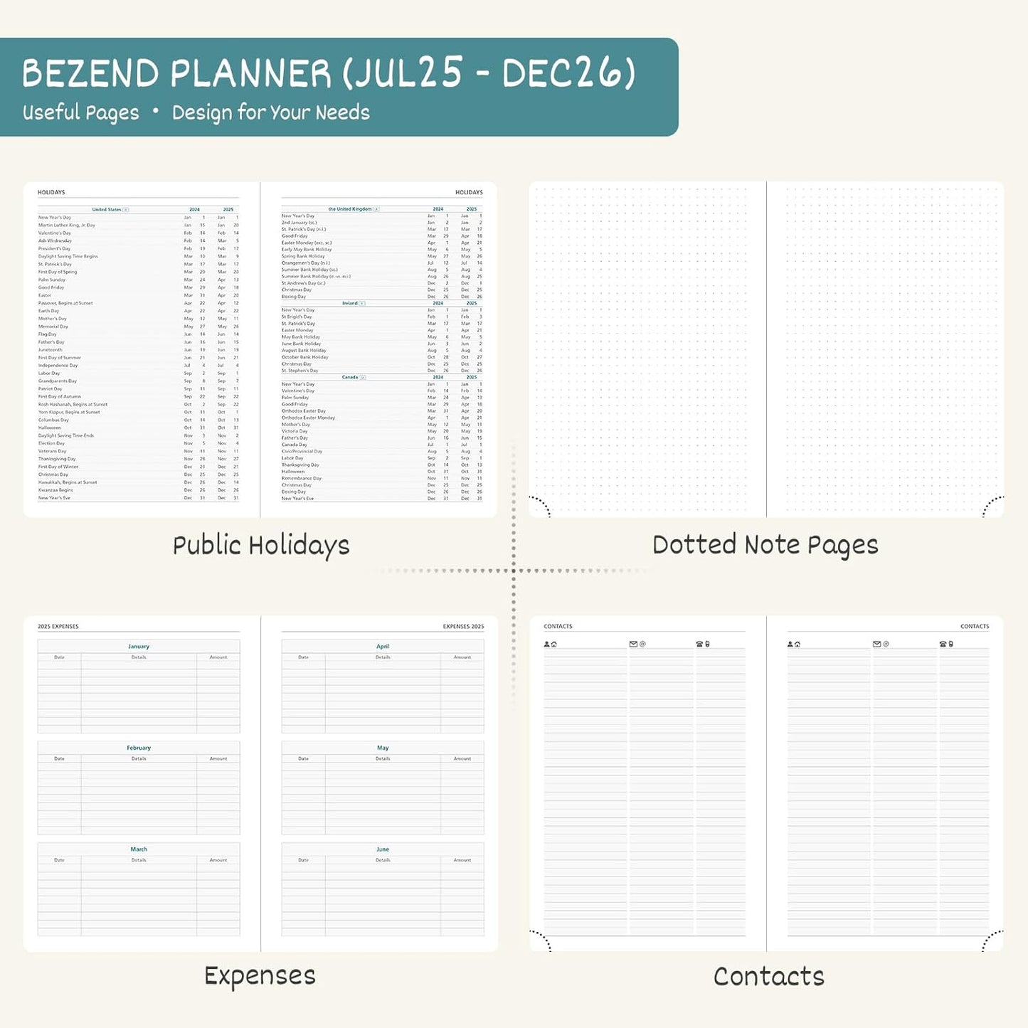 BEZEND Planner 2025-2026 Weekly and Monthly, 5.8" x 8.5" Academic Calendar (Jul 25-Dec 26) Vertical Daily Appointment with Hourly Timeslot & Monthly Tab, Spiral, PU Leather Softcover - Kiwi