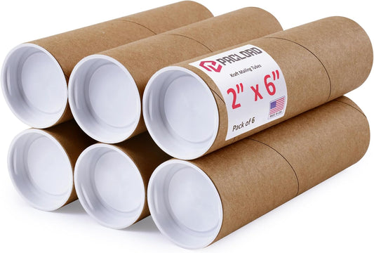 2" x 6" Reinforced Kraft Paper Mailing Tubes, Pack of 6 Tubes with 2 Caps Each – USPS Approved Poster Tube – Made in USA Cardboard Tube for Shipping and Storing Posters, Prints, Artwork, or Documents