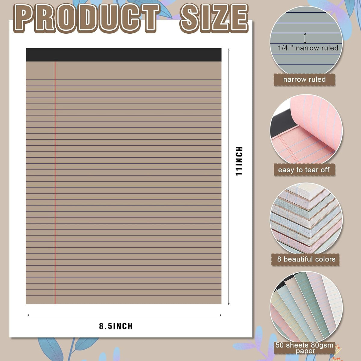 Fuutreo 8 Pcs 8.5'' x 11'' Colored Legal Pad Writing Pads Narrow Ruled 50 Sheets Per Notepad Perforated Writing Notepad Office Supplies for College Office Business (Pastel Color)