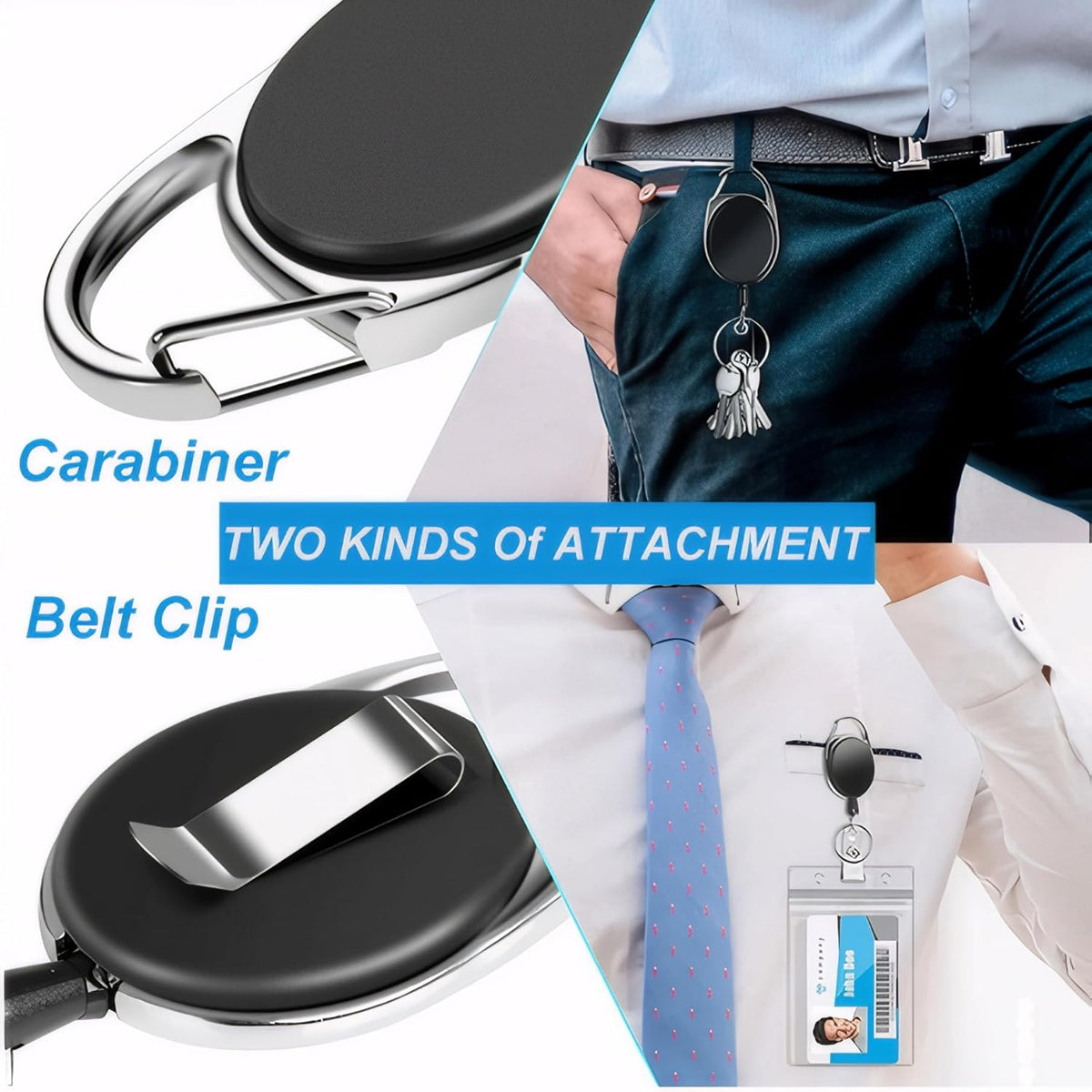 50 Pack Heavy-Duty Retractable Badge Holders with Carabiner Clip and Key Ring, Black ID Badge Reel for Office, ID Card Holder and Key Chain