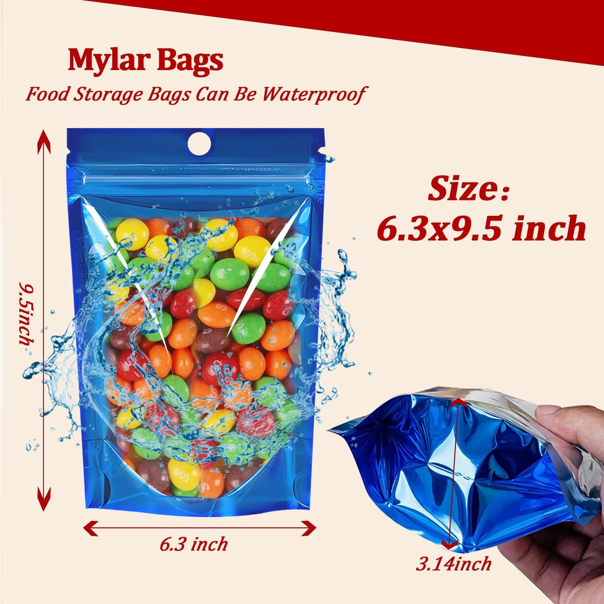 100 PCS Smell Proof Mylar Bags, Resealable Packaging Sealable Bags Stand Up Aluminum Foil Pouch Bags with Clear Window for Food Storage, Jewelry,Cookie,Small Business Packaging (Blue, 6.3 x 9.5 Inch)