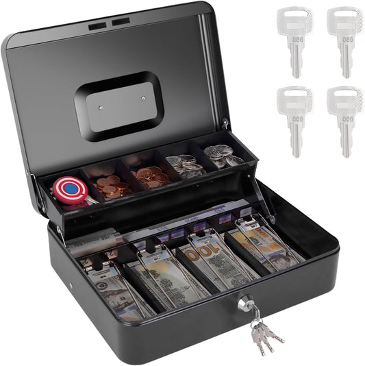 Cash Box with Money Tray and Key Lock, Large Metal Safe Money Box for Cash Register, Locking Money Saving Organizer Lock Box for Money Storage with 4 Keys 11.8"x9.45"x3.54" Black XL Large