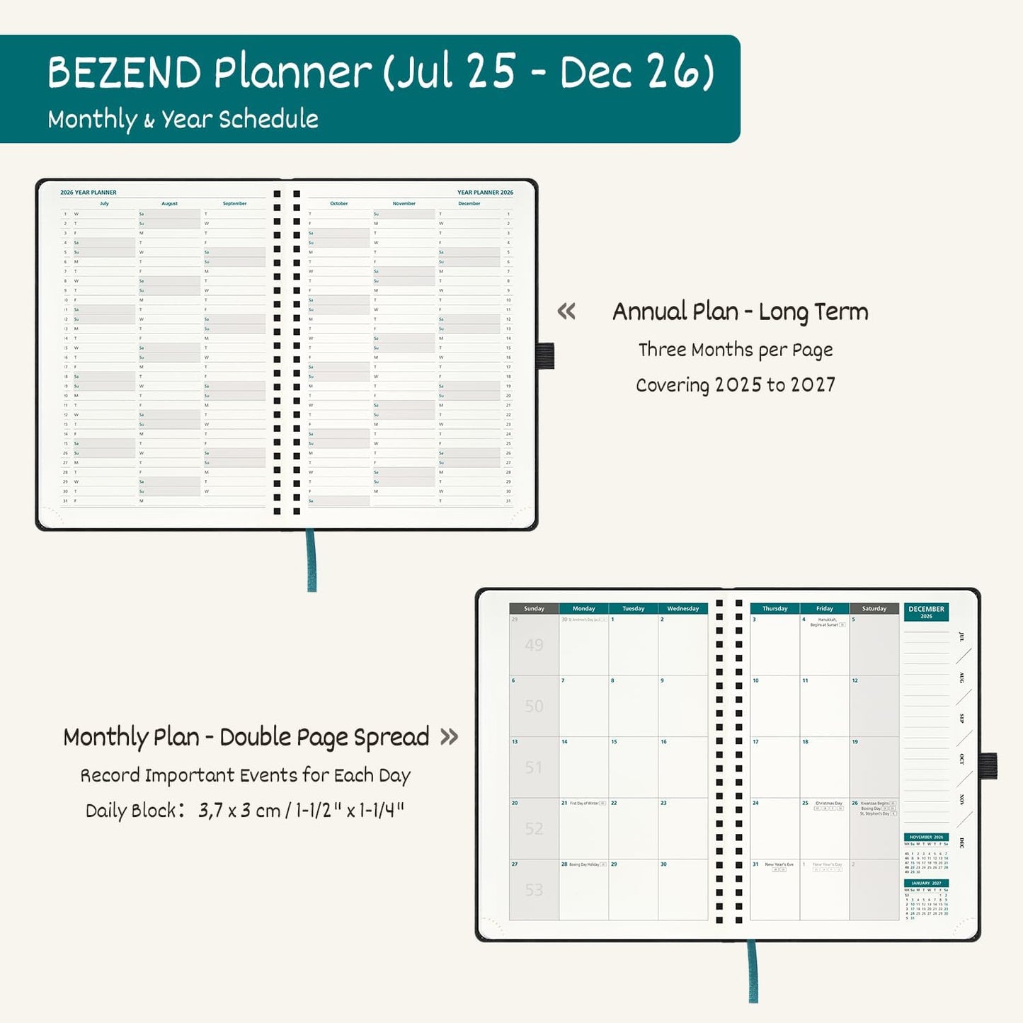 BEZEND Weekly Planner 2025-2026 with 2 Columns, 5.8" x 8.5" Academic Calendar 18 Months (Jul 25-Dec 26) Life Work Appointment Book with Monthly Tab, PU Leather Softcover Spiral - Lilac