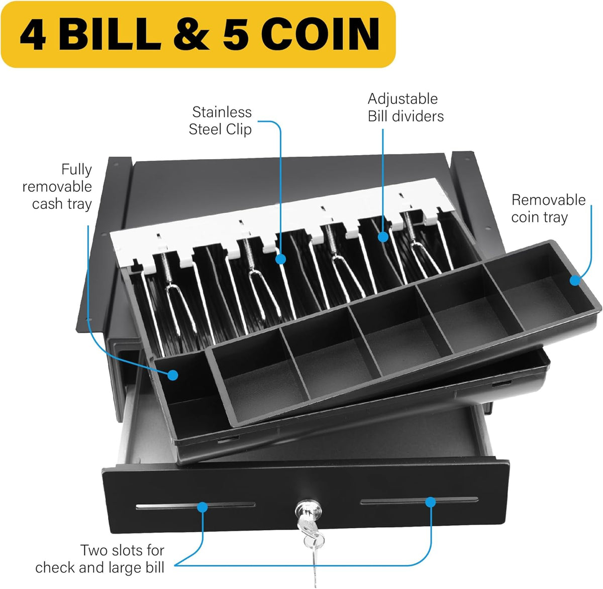 HK SYSTEMS 13" Heavy Duty Black "Push" Open Cash Drawer, 4B5C with Under Counter Mounting Metal bracket