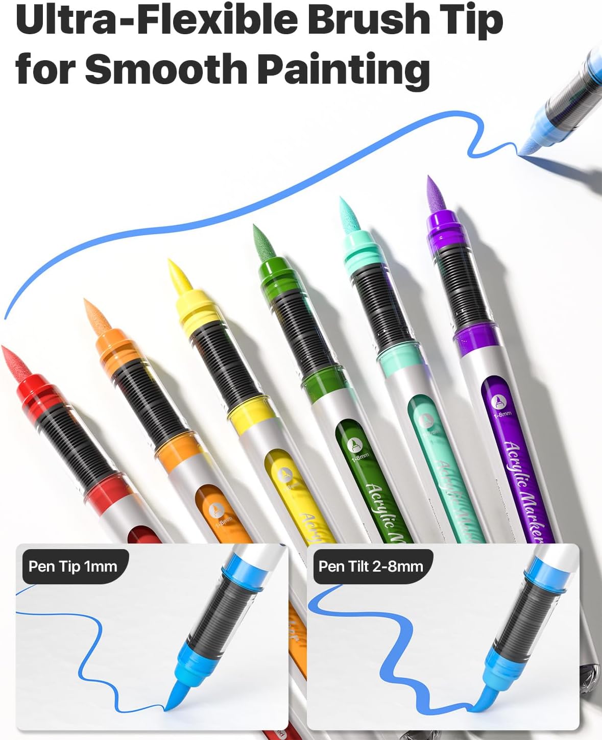 JusArt Acrylic Paint Markers Brush Tip 18 Colors for School Art, Water-Based No-Bleed Markers with Automatic Ink Control, Waterproof Acrylic Paint Pens for Rock, Egg, Wood, Fabric, Glass, DIY Crafts