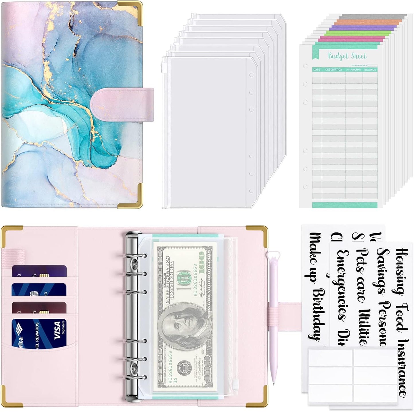 Rnivvi Budget Binder with Zipper Envelopes, A6 Money Saving Binder Cash Envelopes for Budgeting, PU Leather Planner Money Organizer for Cash Bills, Cute Marble System Wallet for Women Men, Blue Ink