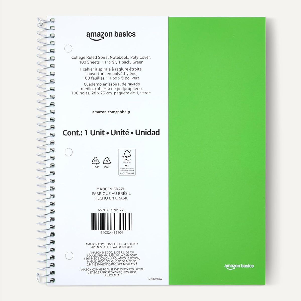 Amazon Basics College Ruled Spiral Notebook, Poly Cover, 100 Sheets, 11" x 9", Green, 1 pack