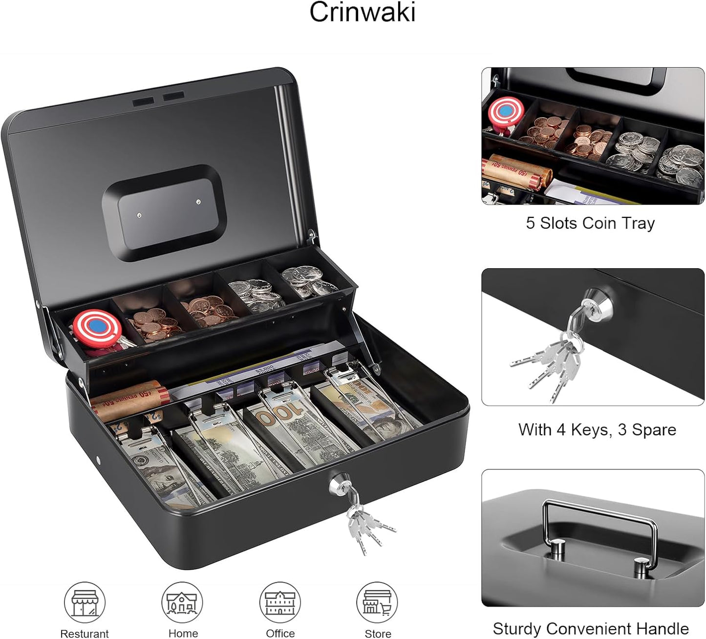 Cash Box with Money Tray and Key Lock, Large Metal Safe Money Box for Cash Register, Locking Money Saving Organizer Lock Box for Money Storage with 4 Keys 11.8"x9.45"x3.54" Black XL Large
