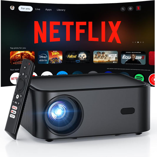Official Licensed Netflix 1500 ANSI Smart Projector, HAPPRUN 4K Projector with Wifi and Bluetooth, DoIby Audio,Native1080P,Built-in Apps, ,Electric Focus,Movie Projector for Home Cinema,Outdoor,Indoor