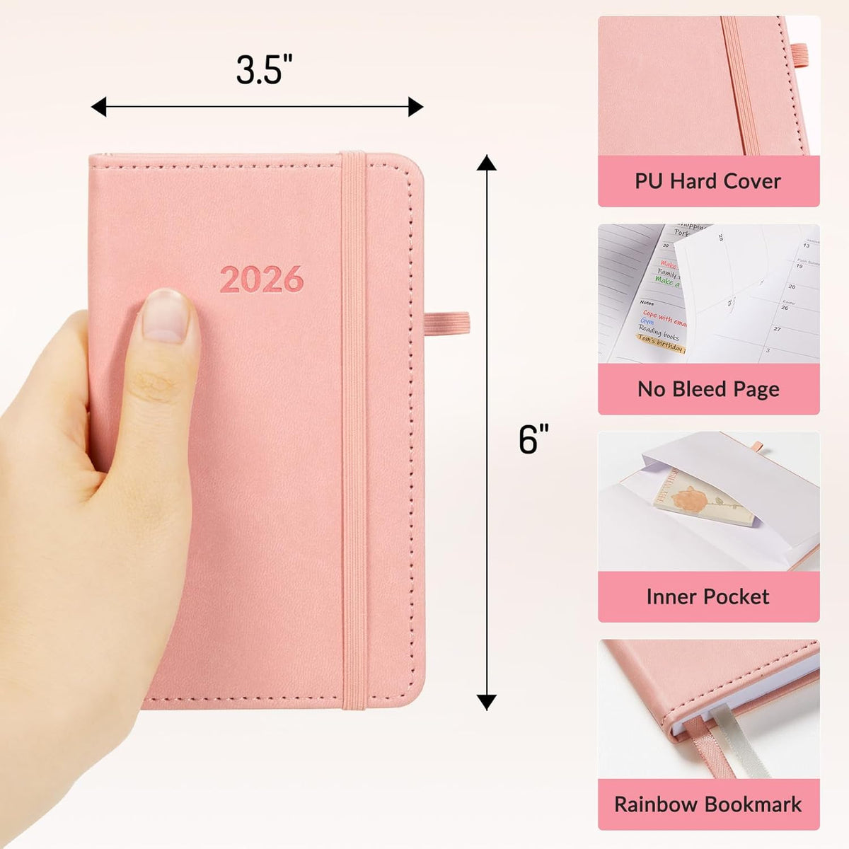 Forvencer Pocket Planner 2026, Weekly Monthly Planners with Month Tabs for Purse, 3.5" x 6", Jan 2025-Dec 2026, Cute Small Daily Academic Calendar, Elastic Band, Hardcover Agenda for Women, Teacher