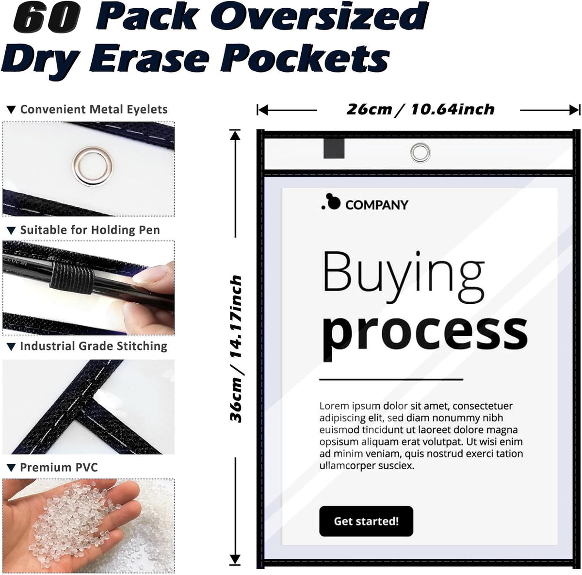 60 Packs Dry-Erase Pockets Bulk Oversized Reusable Dry Erase Pocket Sleeves with 4 Rings, 10x14 Black Ticket Holders, Clear Plastic Sheet Protectors, Teacher School Classroom Supplies