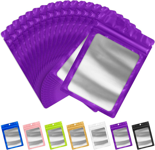 FUNFERY 100 Pack Mylar Resealable Bags Foil Packaging Bags with Clear Window,Zipper Pouch Smell Proof Bag for Food Storage,Cookies,Sample,Small Business(Purple,5.5x7.9inch)