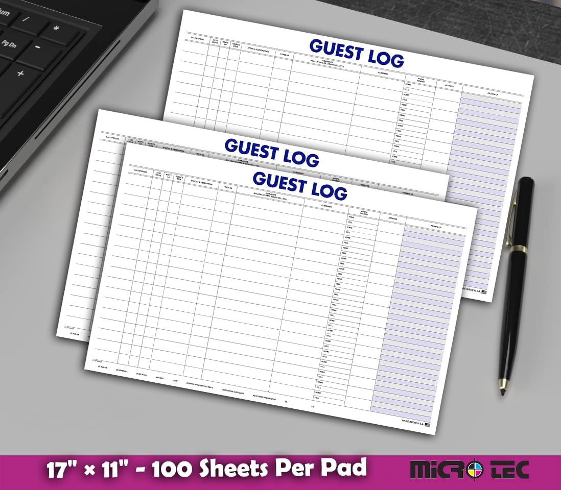Professional Guest Log Book - Efficiently Track Potential Customers and Follow-Up - Ideal for Automotive Dealerships, Repair Shops, and Service Centers - 17" × 11" - 100 Sheets Per Pad - Pack of 2