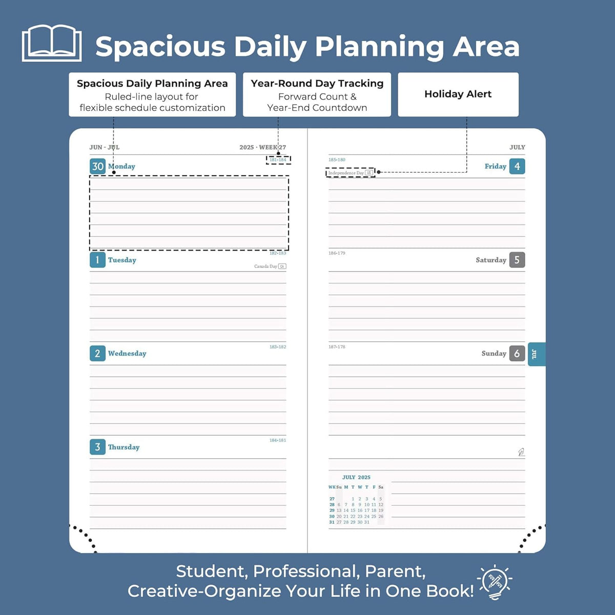 Planner 2025-2026 Daily Weekly and Monthly,6.5"x3.75",18 Months Spiral Bound Calendar Agenda with Self-adhesive Pen Holder,2026 Academic Plan with Vegan Leather Soft Cover,Blue
