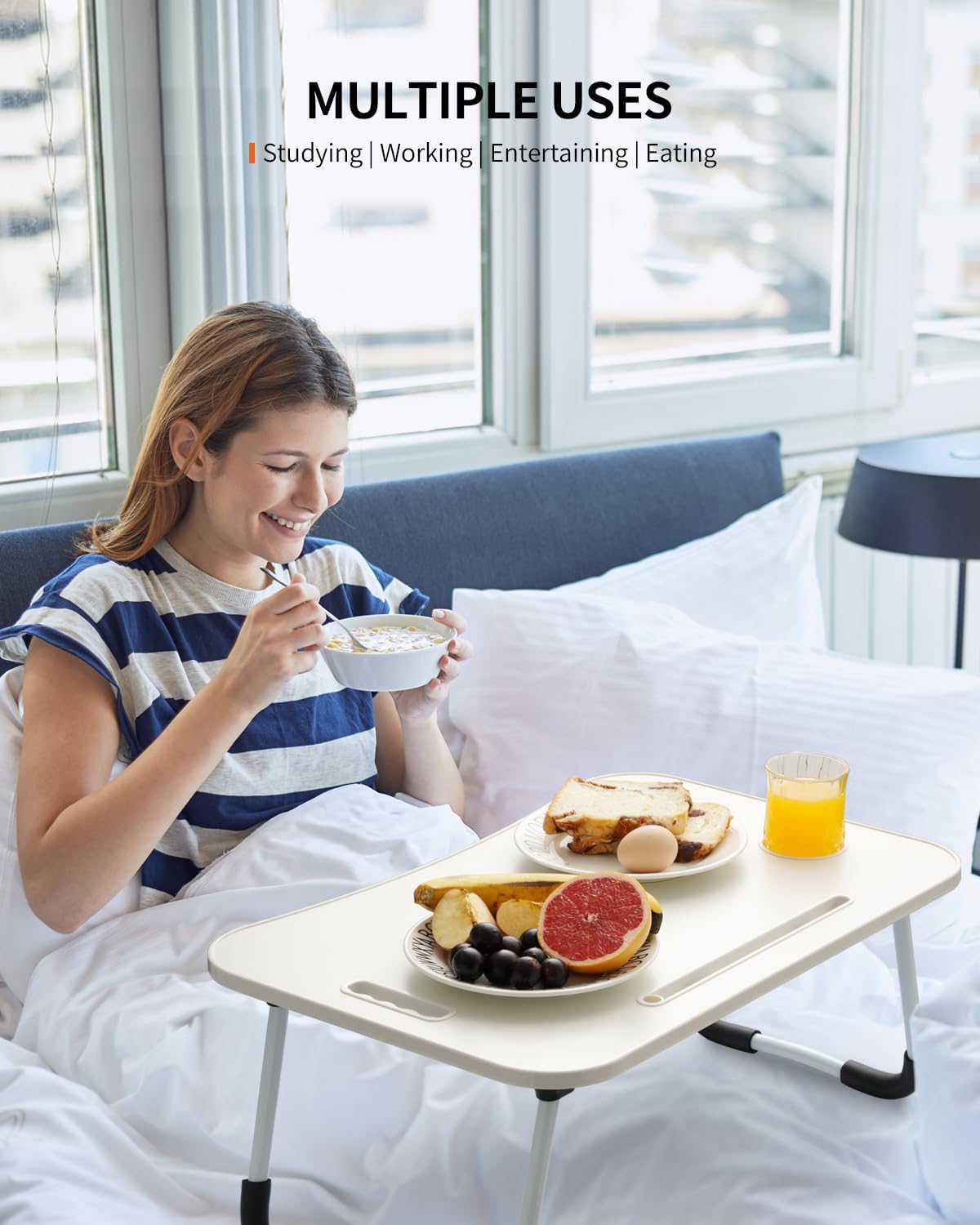 Foldable Laptop Table, Portable Lap Desk Bed Table Tray, Laptop Stand with Cup Holder & Tablet Slot & Lifting Handle for Working Writing Drawing & Eating (White)