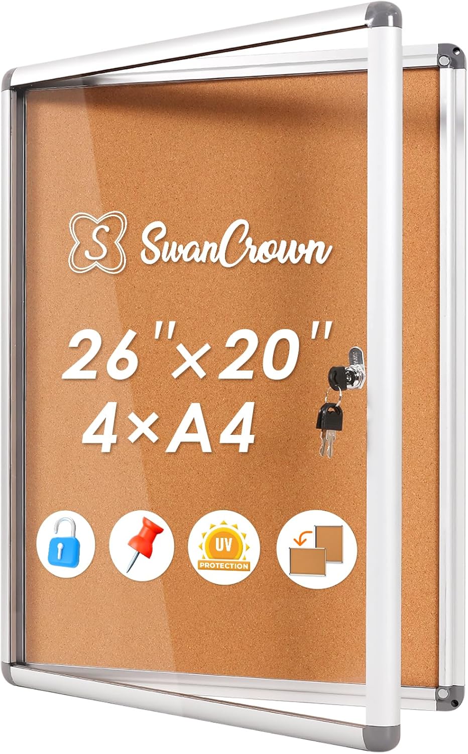 SWANCROWN Enclosed Bulletin Board Tamper-Proof Cork Noticeboard Secure Information Board with Acrylic Door 26x20inch (4xA4)