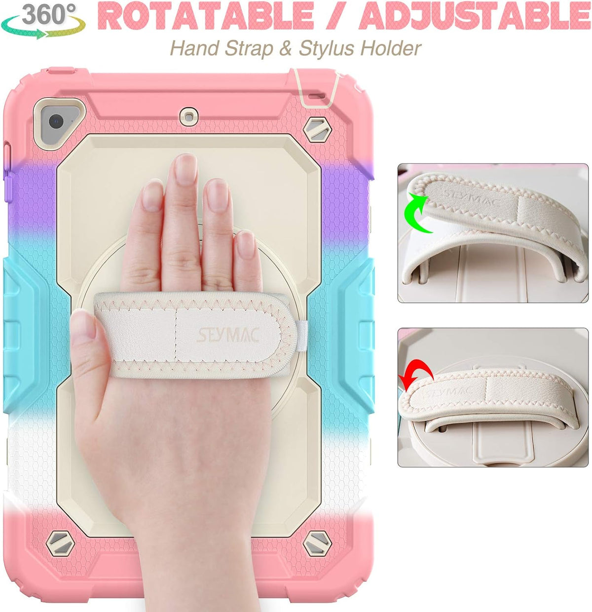 SEYMAC stock Case for iPad mini 5/4 with Screen Protector Pencil Holder [360 Rotating Hand Strap] & Stand, Drop-Proof Case for iPad mini 5th/4th Generation 7.9 inch (Yellowish+Rose)