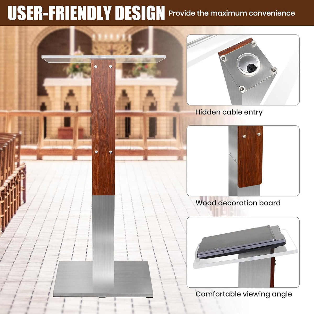 Stainless Steel Podium Stand with Acrylic Reading Surface & Hidden Cable Entry, Professional Modern Podium Stand with Wood Decoration for Church, Podium Stand for Church, Conference, Speech, Wedding