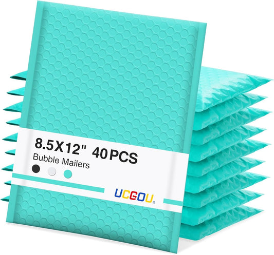 UCGOU Bubble Mailers 8.5x12 Inch 40 Pack Usable Size 8.5x11 Inch Teal Padded Envelopes Medium Waterproof Packaging Bags for Shipping Self Seal Strong Adhesive Envelopes for Jewelry Makeup Supplies
