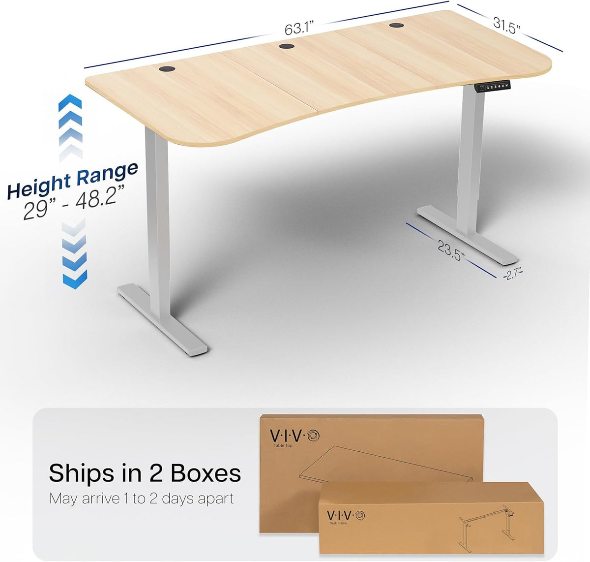 VIVO Electric 63 x 32 in Standing Desk, Memory Height Adjustment, 1B Series, Light Wood Top Gray Frame, DESK-KIT-1G1C