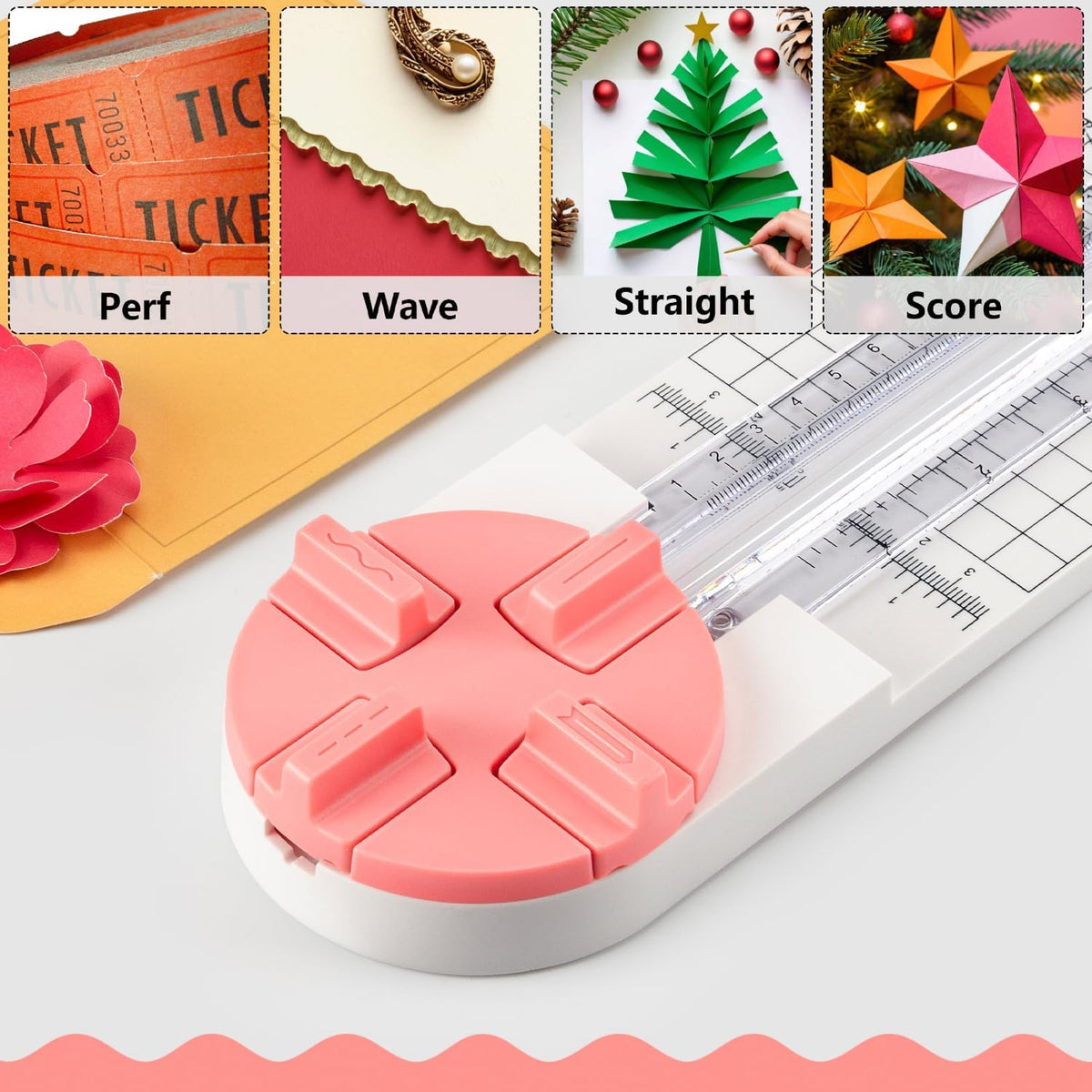 Ecraft Pink Paper Cutter 4-in-1 Paper Trimmer Multi-Function Scrapbooking Tool with Straight, Wave, Perforated & Creasing Blades for Craft Paper,Cardstock, Coupon, Label, Photo,Postcard