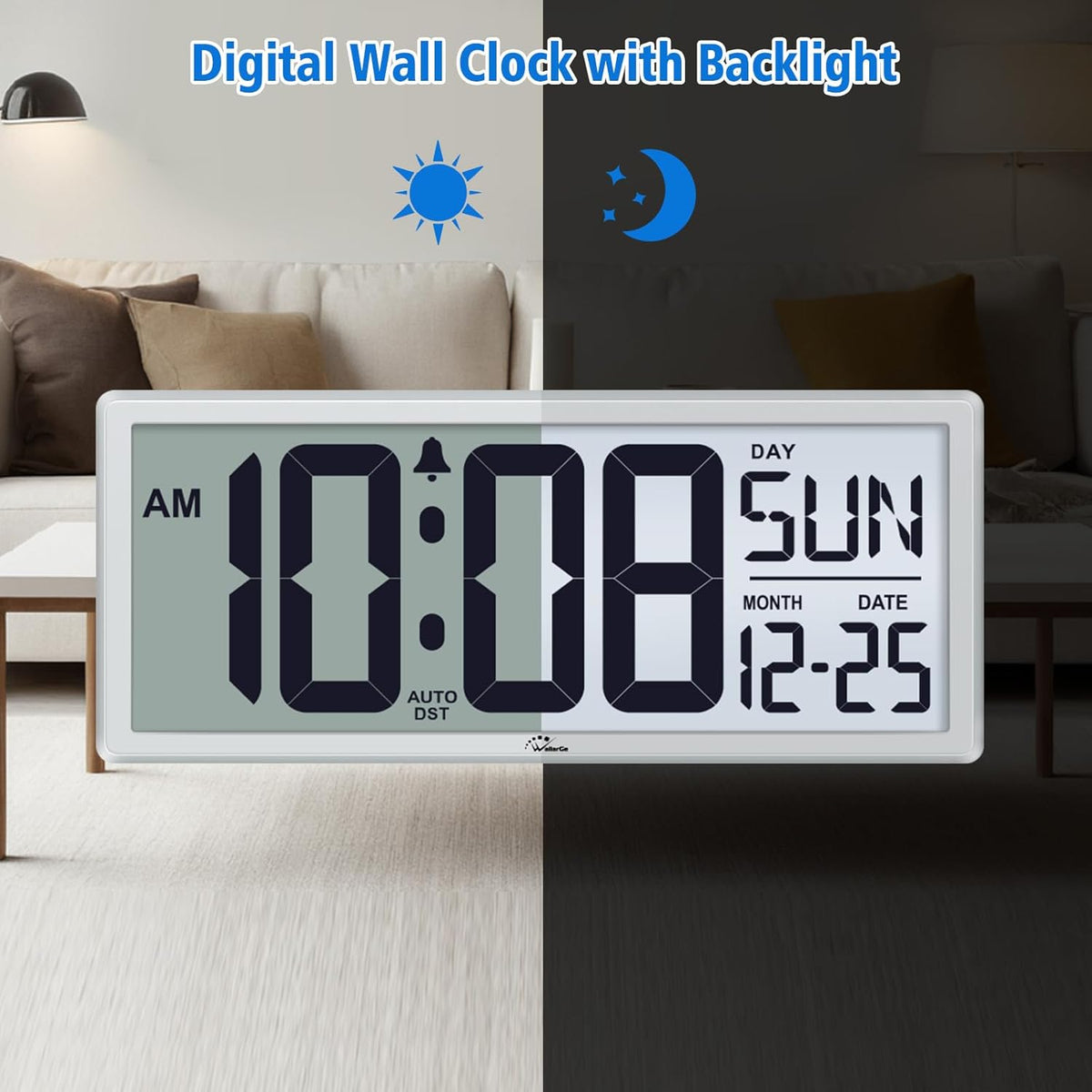 WallarGe Backlight Digital Wall Clock Battery Operated - with Temperature and Date 14.5'' Large Digital Wall Clock, Easy to Read and Set, Auto DST
