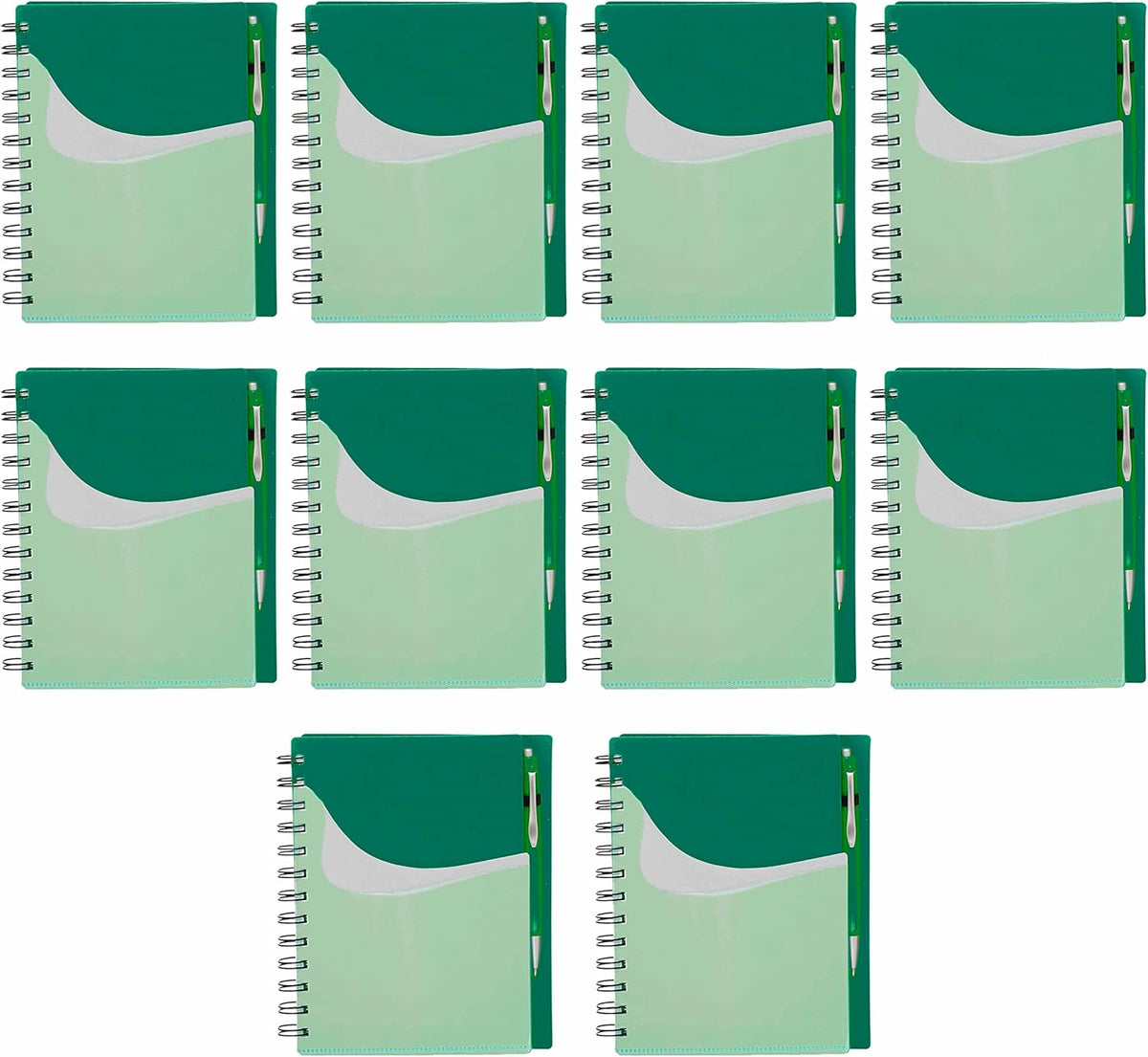 DISCOUNT PROMOS Spiral Notebooks with Front Pocket Set of 10, Bulk Pack - Durable Plastic Cover, Includes Matching Pen in Blank Ink, Perfect for School, Office, Home - Green