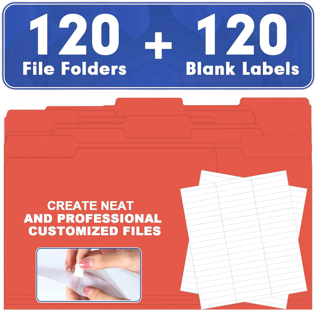 File Folder, HERKKA 120 Pack 1/3 Cut Tab File Folders, File Folders Great for Organizing and Filing, Letter Size, Red