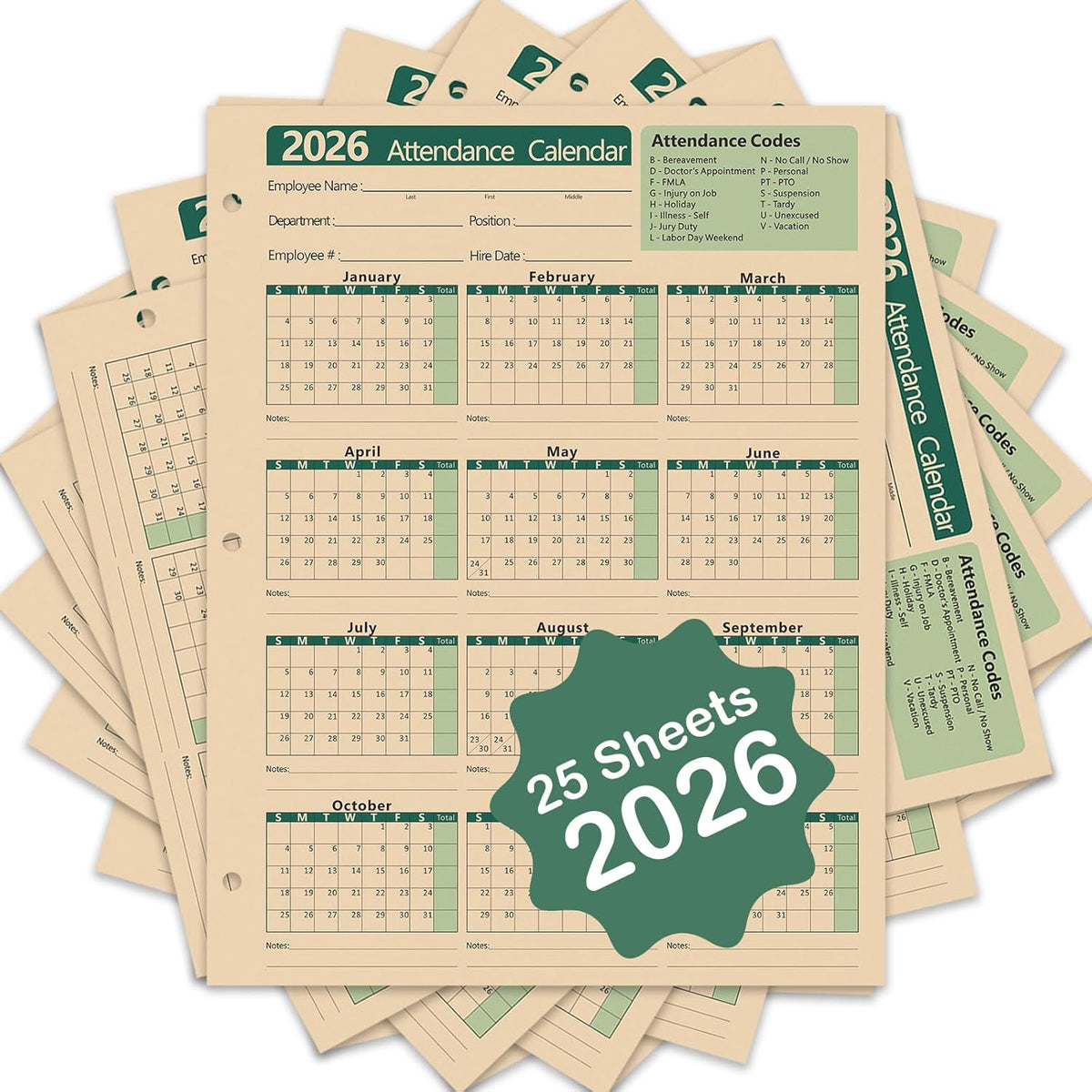2026 Attendance Calendar Employee Work Tracker Attendance Calendar Cards - 8.5 X 11 Inches Durable and Thick Cardstock/25 Sheets per Pack (Green)