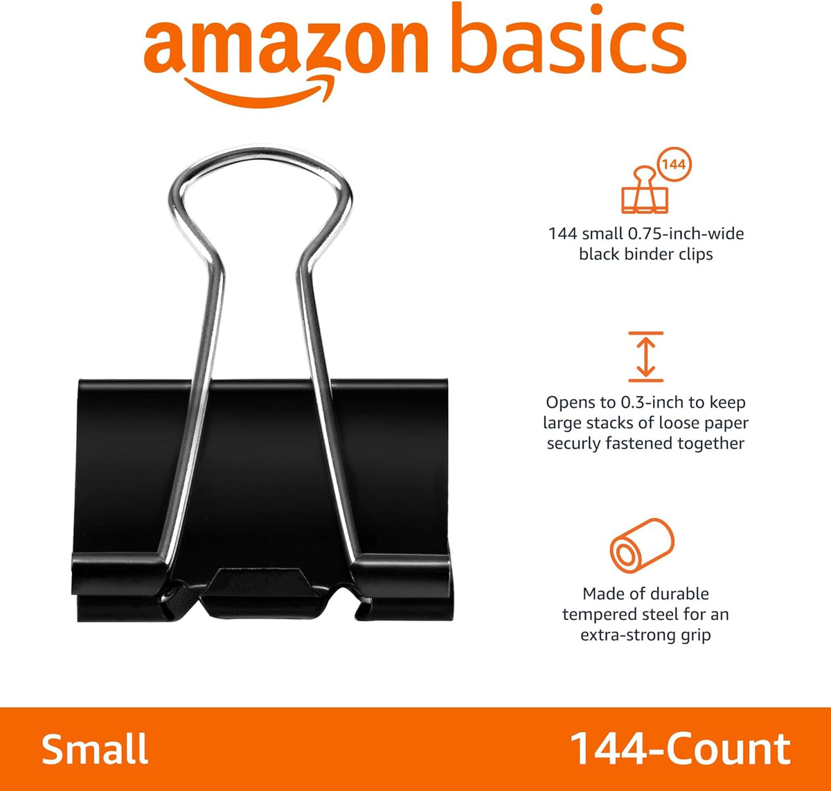 Amazon Basics Sturdy Binder Clips for Office Use, 144 Count (12 Pack of 12), Small, 0.75 in, Black