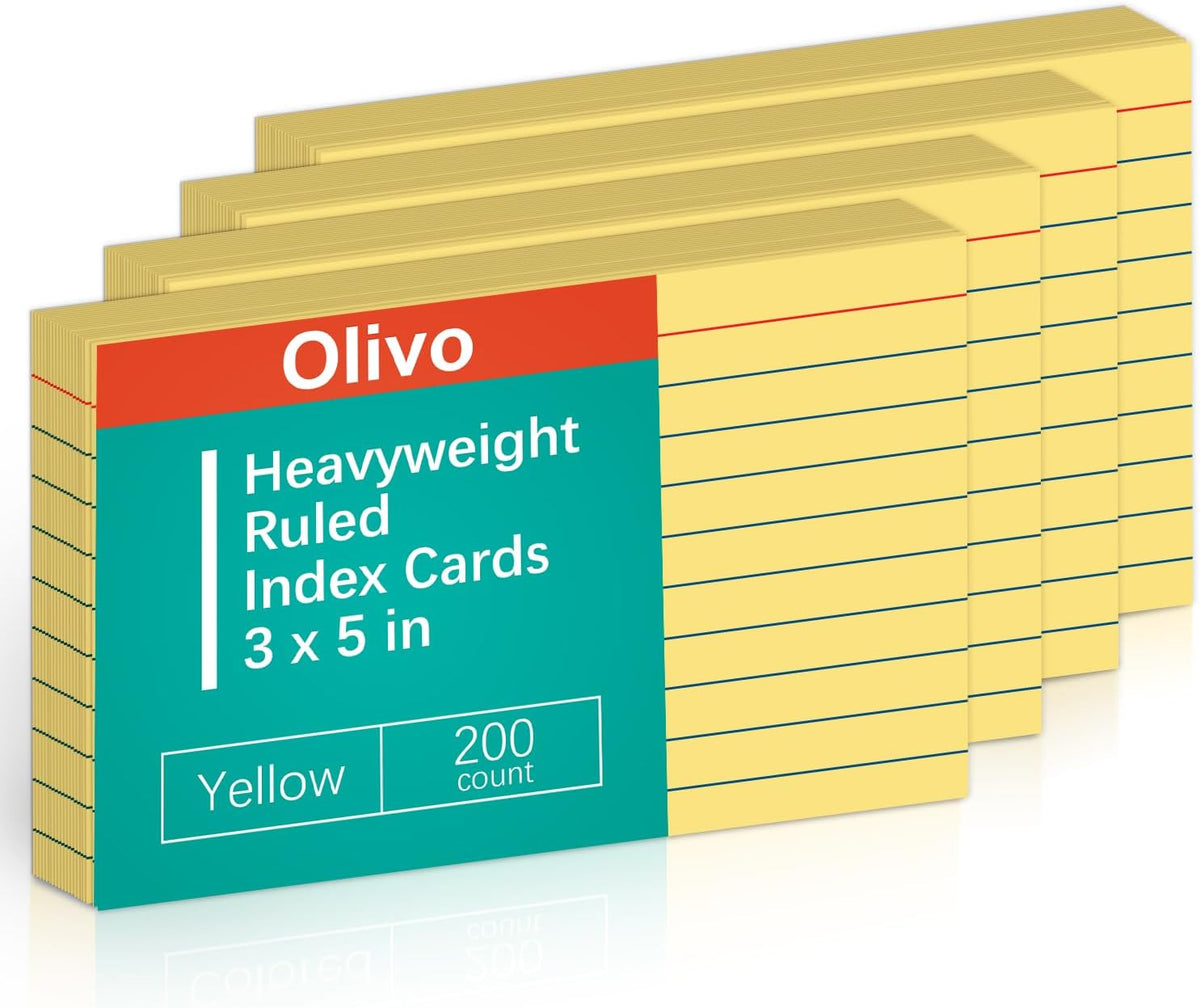 Yellow Lined Index Cards 3x5 Ruled Note Cards 200 Count, 180 GSM Heavy Weight