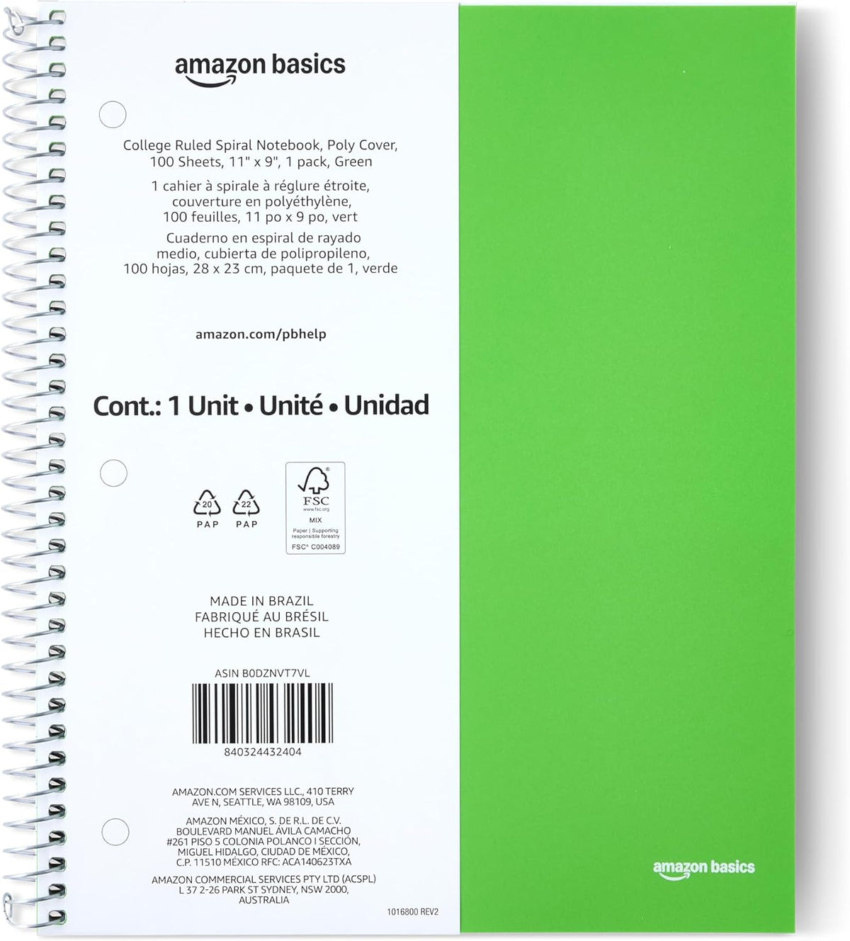 Amazon Basics College Ruled Spiral Notebook, Poly Cover, 100 Sheets, 11" x 9", Green, 1 pack