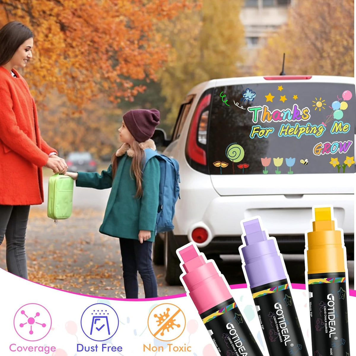 GOTIDEAL Window Markers, Jumbo Chalk Markers for Blackboard, Washable Car Marker for Chalkboard Glass Mirrow,10mm Thick Tip12 Colors(Pastel Color)