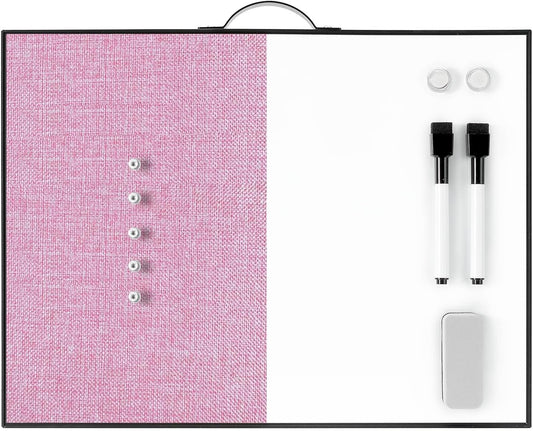 Small White Board Cork-Board Combo - 16 X 12 inches Pink Linen Board & Magnetic Dry Erase Board for Wall, Mini Bulletin Cork Board with Holder for Office, Home and School
