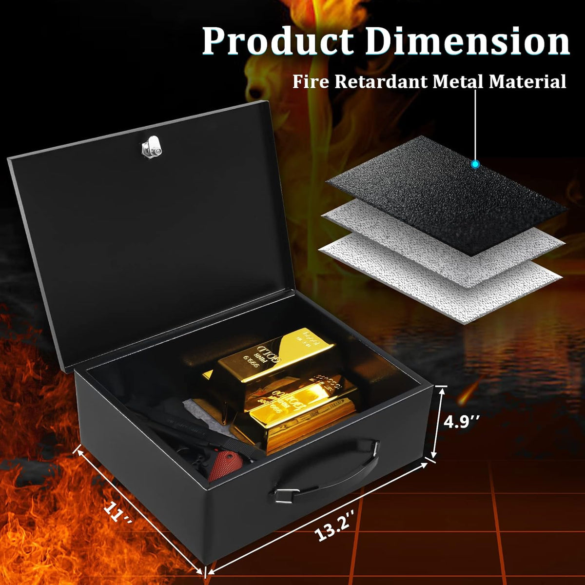 Dalmbox Portable Metal Safe Box with Key Lock - Fire Resistant Storage for Documents, Car, Home and Outside - X Large 13.2"x 11"x 5.1" Black Box