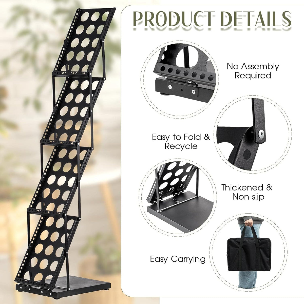 Tatuo 1 Piece Foldable Magazine Rack Metal Catalog Literature Rack Portable 4 Pockets with Carrying Bag Brochure Stand Literature Display Holder Stand for Exhibition Trade Show