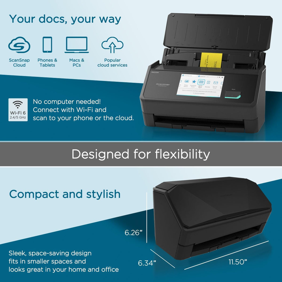 ScanSnap iX2500 Wireless or USB High-Speed Cloud Enabled Document, Photo & Receipt Scanner with Large 5" Touchscreen and 100 Page Auto Document Feeder for Mac or PC, Black