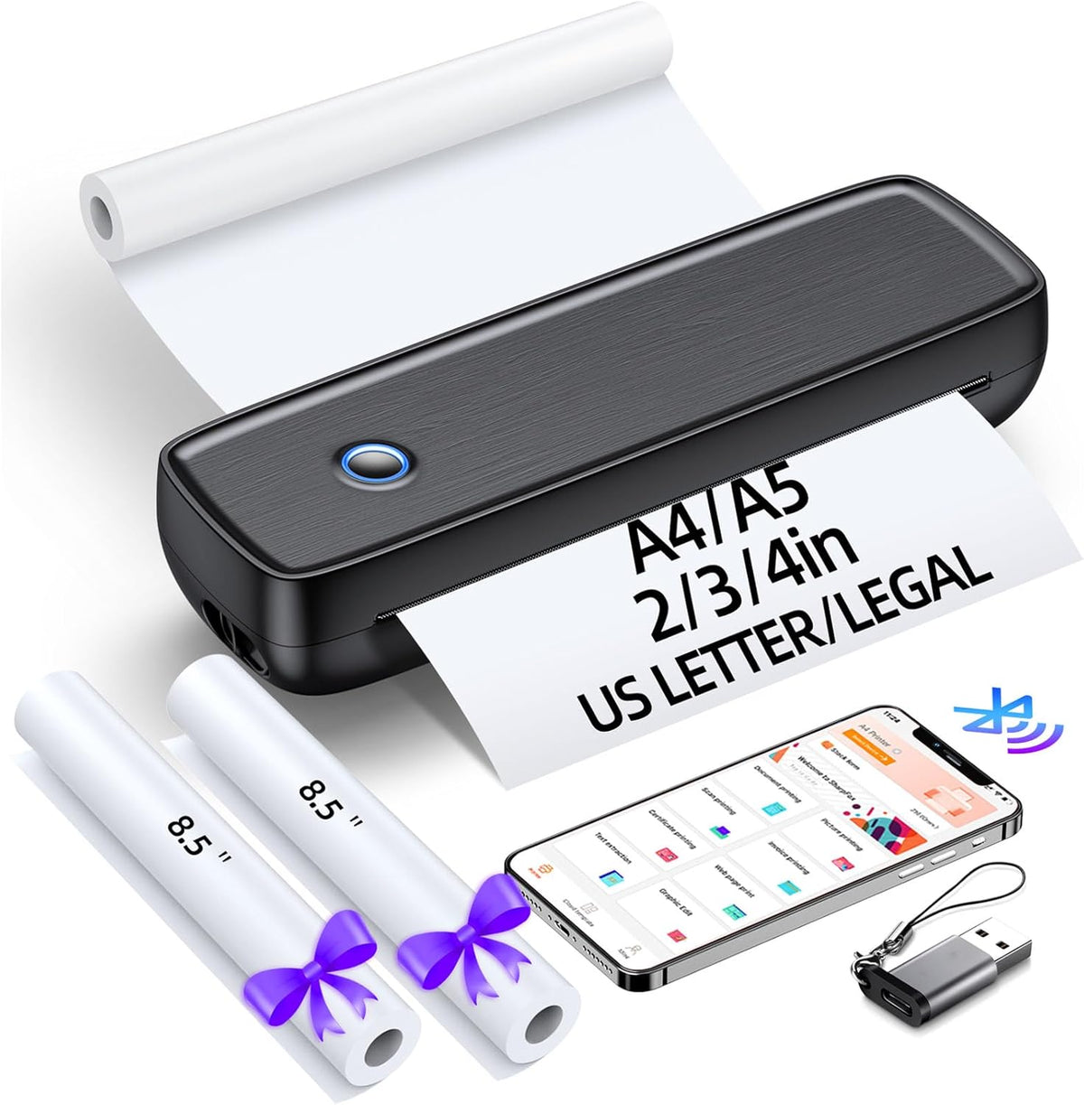 Portable Printer Wireless for Travel，Bluetooth Thermal Support 8.5inches X 11inches US Letter &Legal, A4&A5 Thermal Paper, Inkless Compatible with iOS, Android & Laptop for Office Car Home