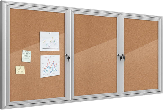 70"x34" Enclosed Bulletin Board, Outdoor Lockable Weather-Resistant Aluminum Cork Noticeboard for School & Office, Silver Frame w/Cork