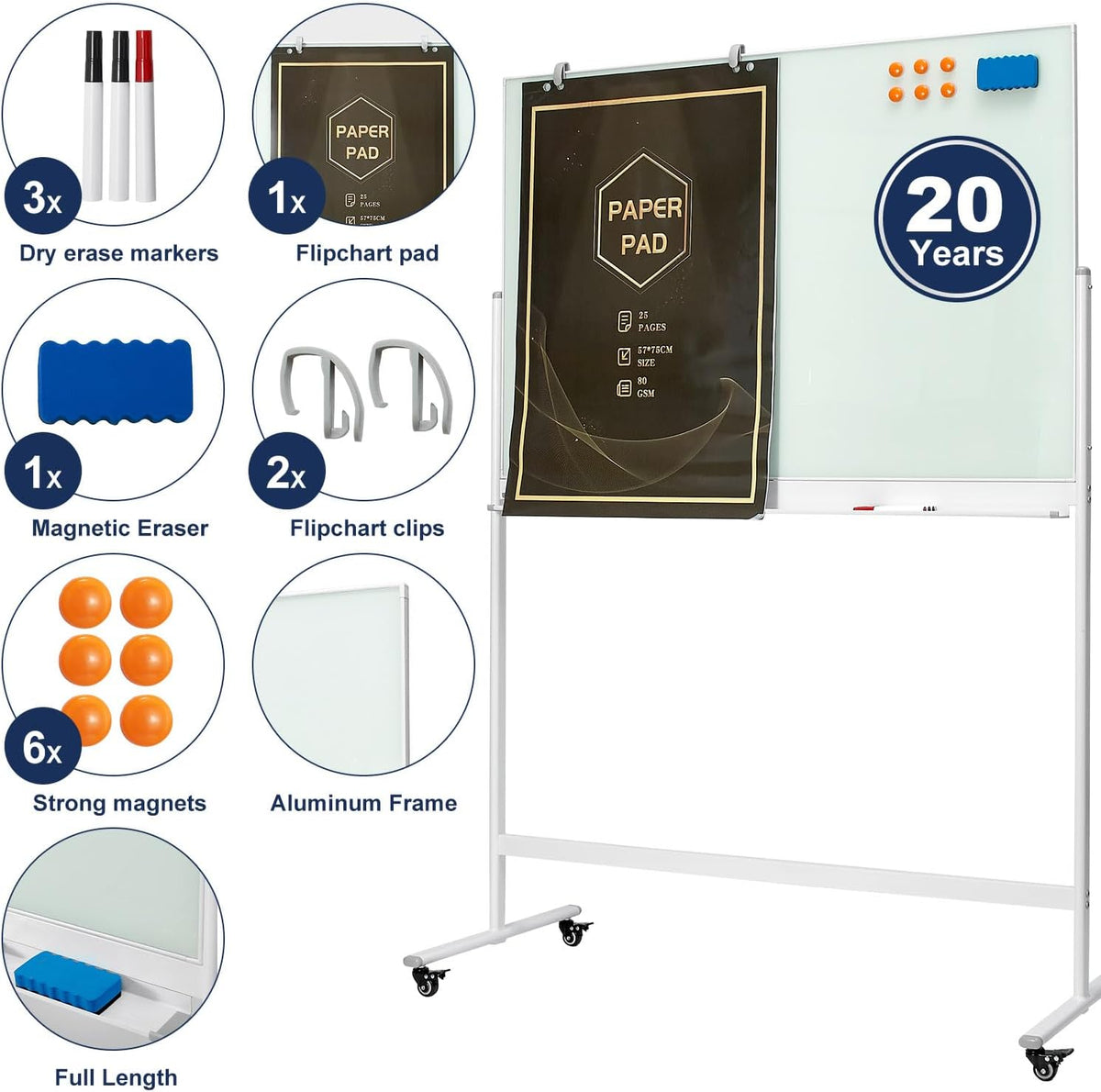 TSJ-OFFICE Rolling Glass Whiteboard on Wheels - 48" x 32" Magnetic Mobile Dry Erase Board with Stand, Large Rolling White Board with 25 Sheets Paper Pad, Transparent Tempered Glass Board Office, Home